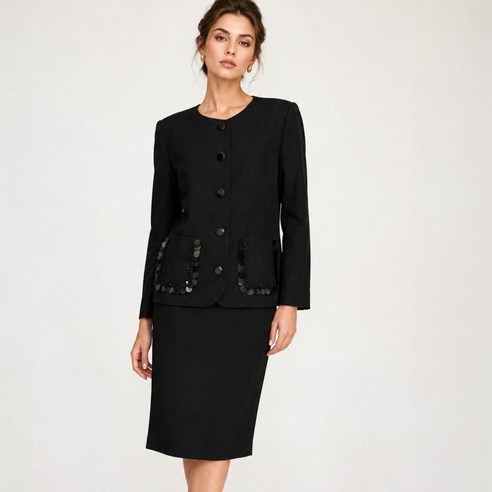 Vintage Givenchy Couture Black Wool Skirt Suit Paillette Pocket FR 46 US M